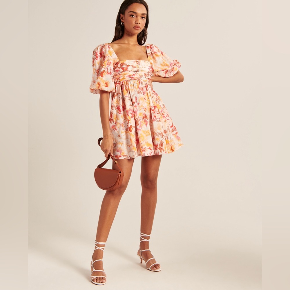 Abercrombie & Fitch Ruched Puff Sleeve Poplin Mini Dress